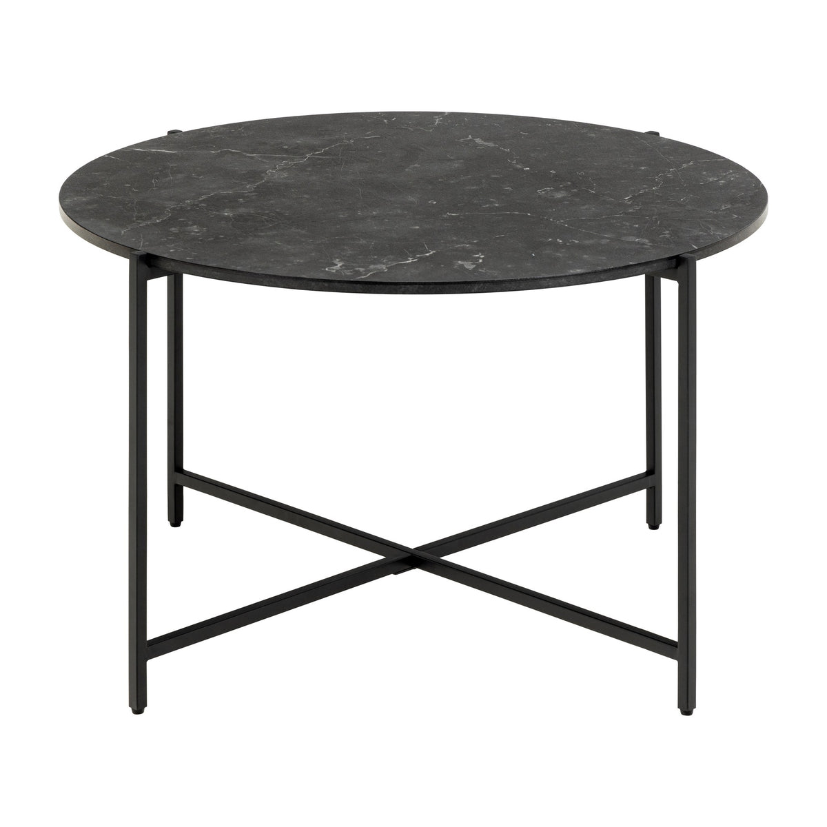 Lamoine sofabord med rund sortmarmorert plate og kryssben i sort metall, sett forfra