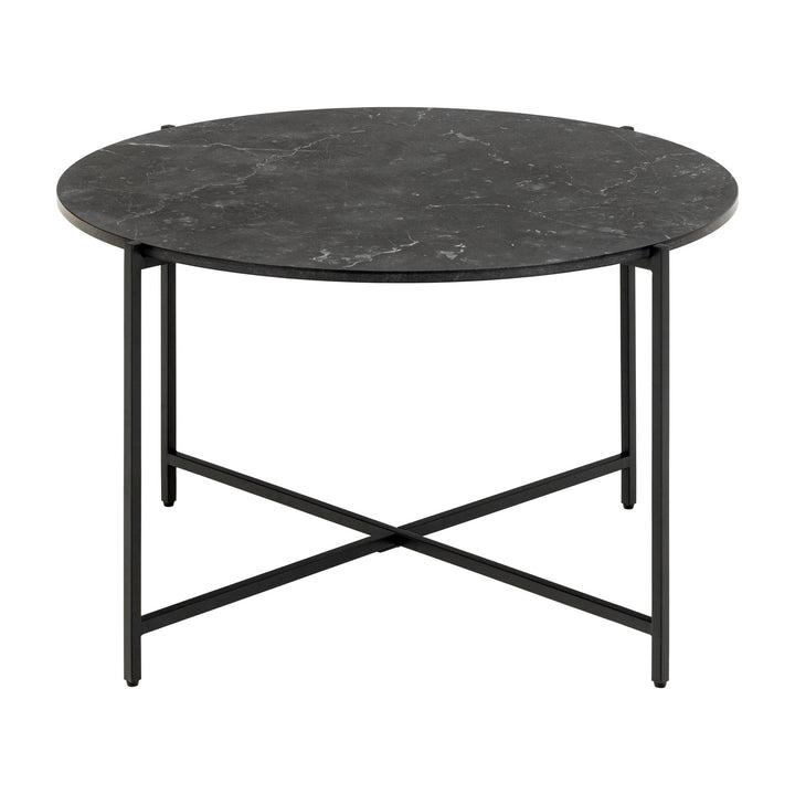 Lamoine sofabord med rund sortmarmorert plate og kryssben i sort metall, sett forfra