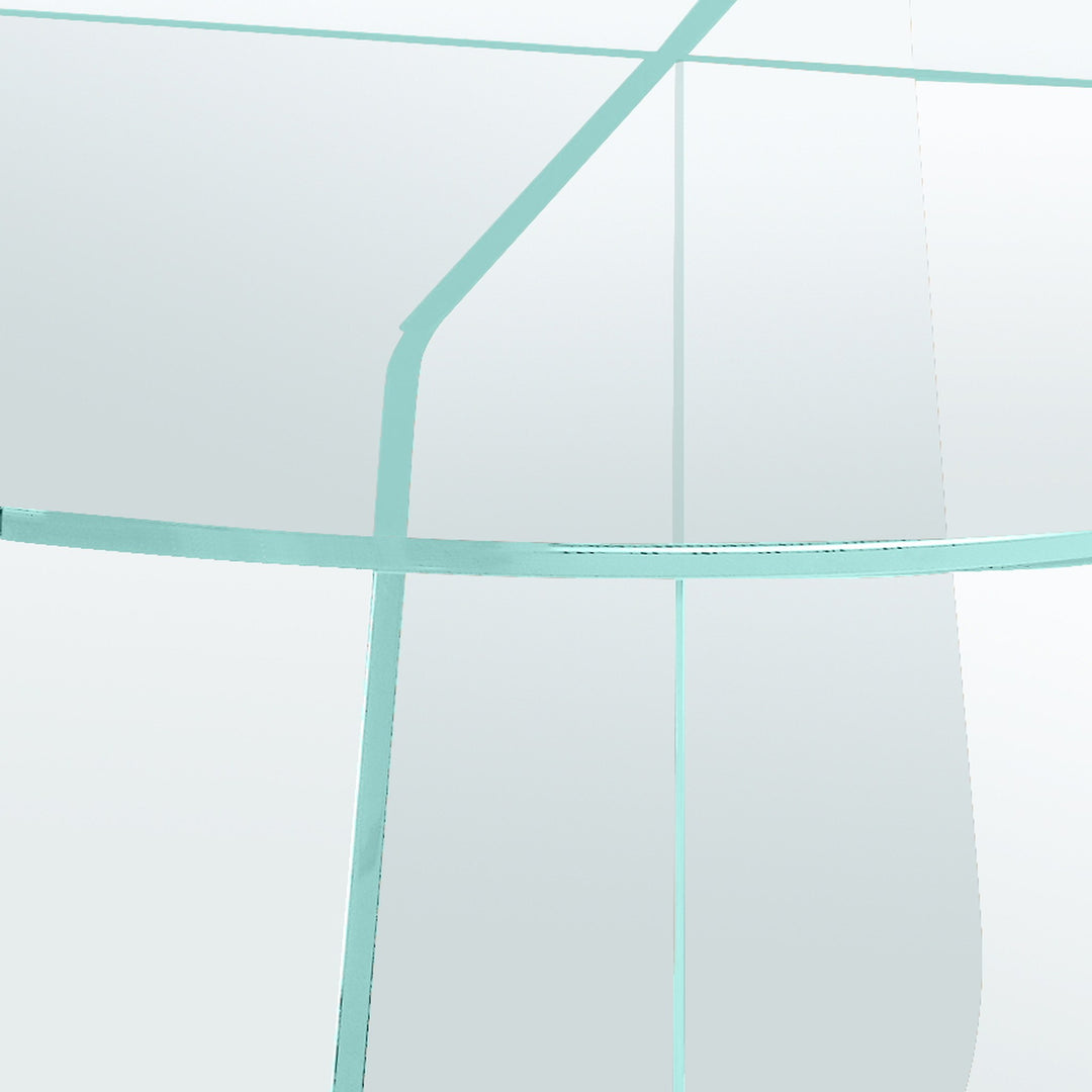 Samos sofabord, nærbilde av rund klar glassplate med understell i glass