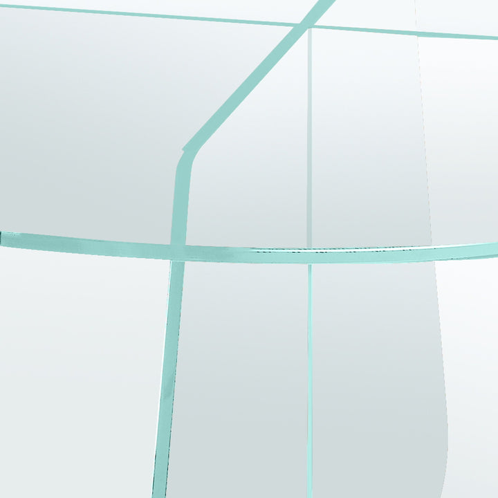 Samos sofabord, nærbilde av rund klar glassplate med understell i glass