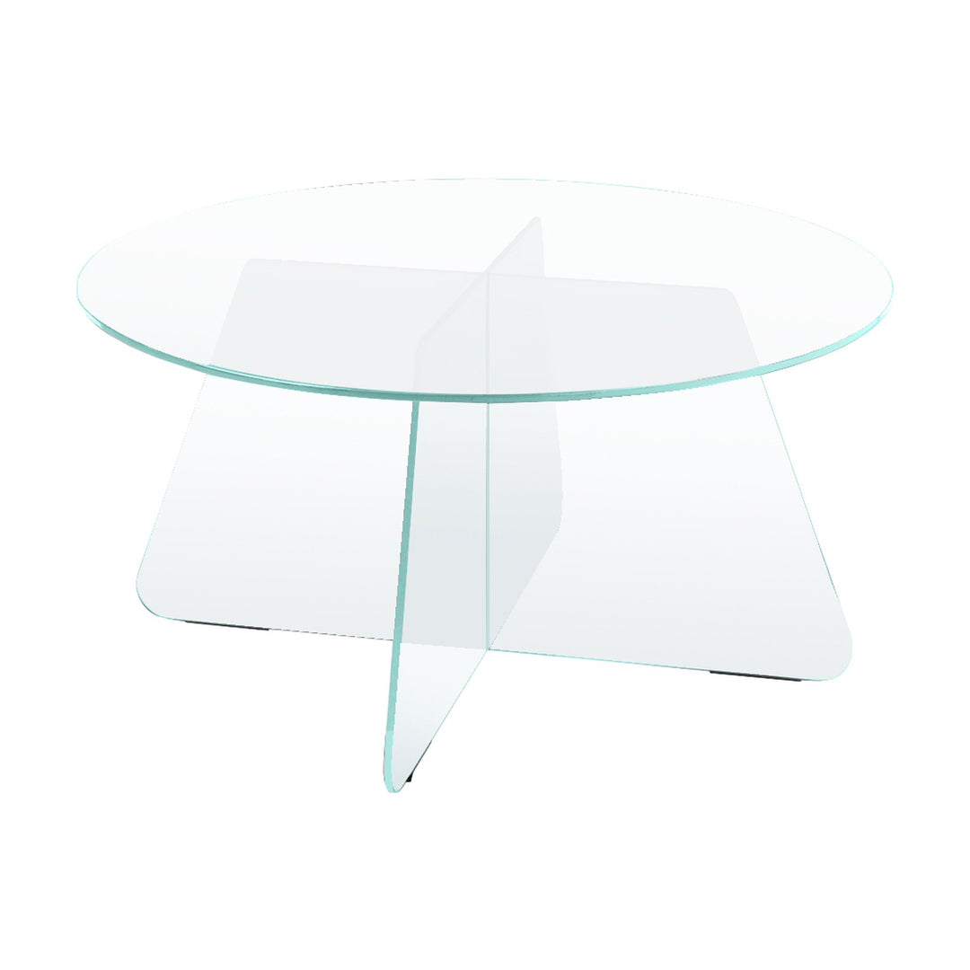 Samos sofabord i klart glass med rund plate og kryssformet understell