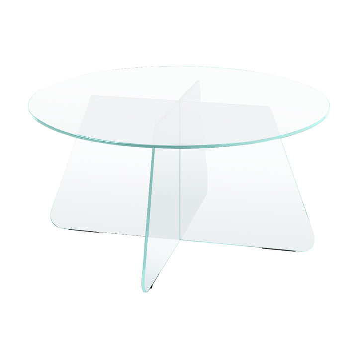 Samos sofabord i klart glass med rund plate og kryssformet understell