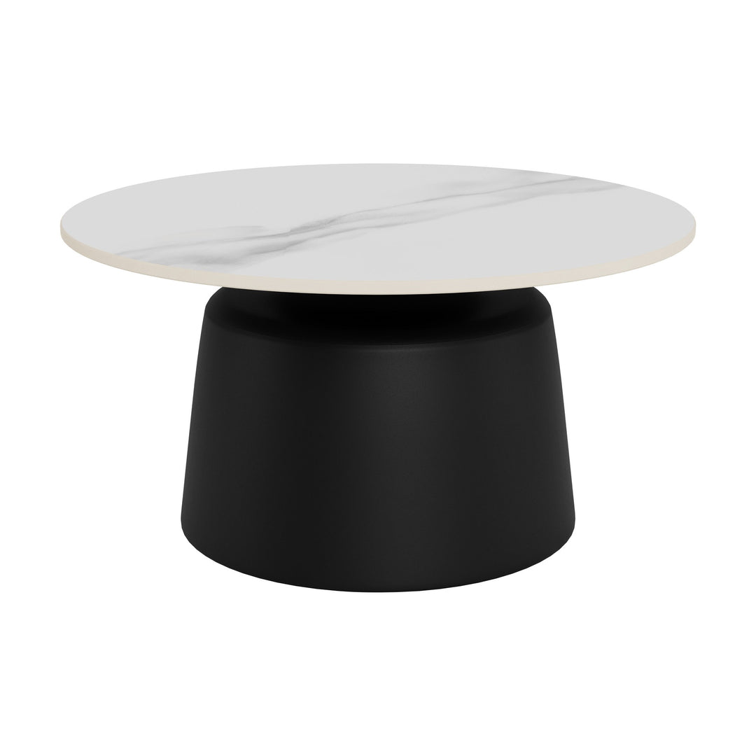 Santorini sofabord med rund hvit keramikkplate og konisk sort fot