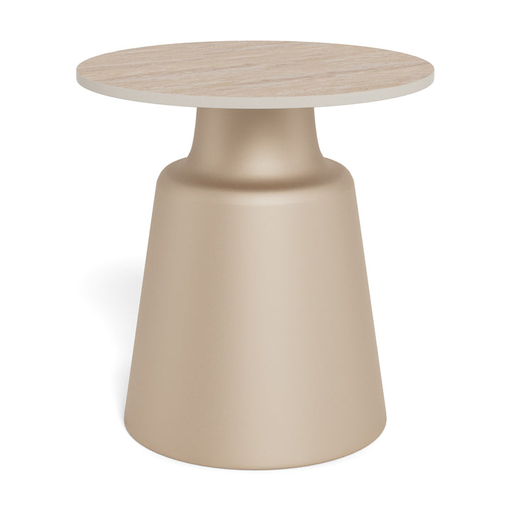Santorini sofabord med travertinplate og beige fot, mot hvit bakgrunn.