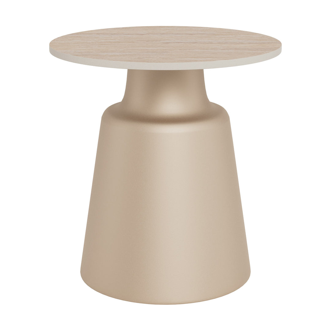 Santorini sofabord med rund travertinplate i beige og konisk sort fot