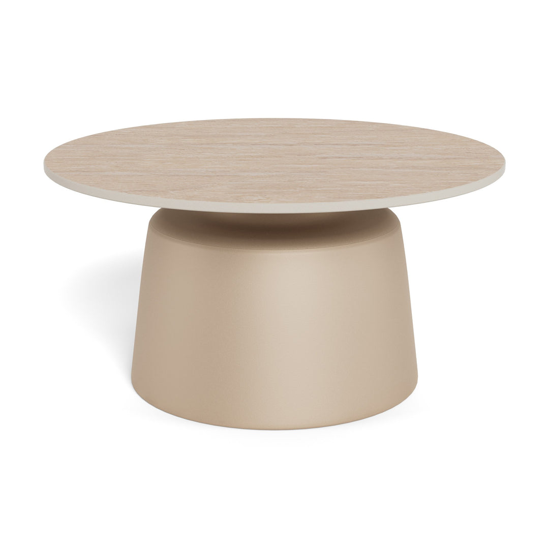 Santorini sofabord med travertinplate og beige fot, mot hvit bakgrunn.