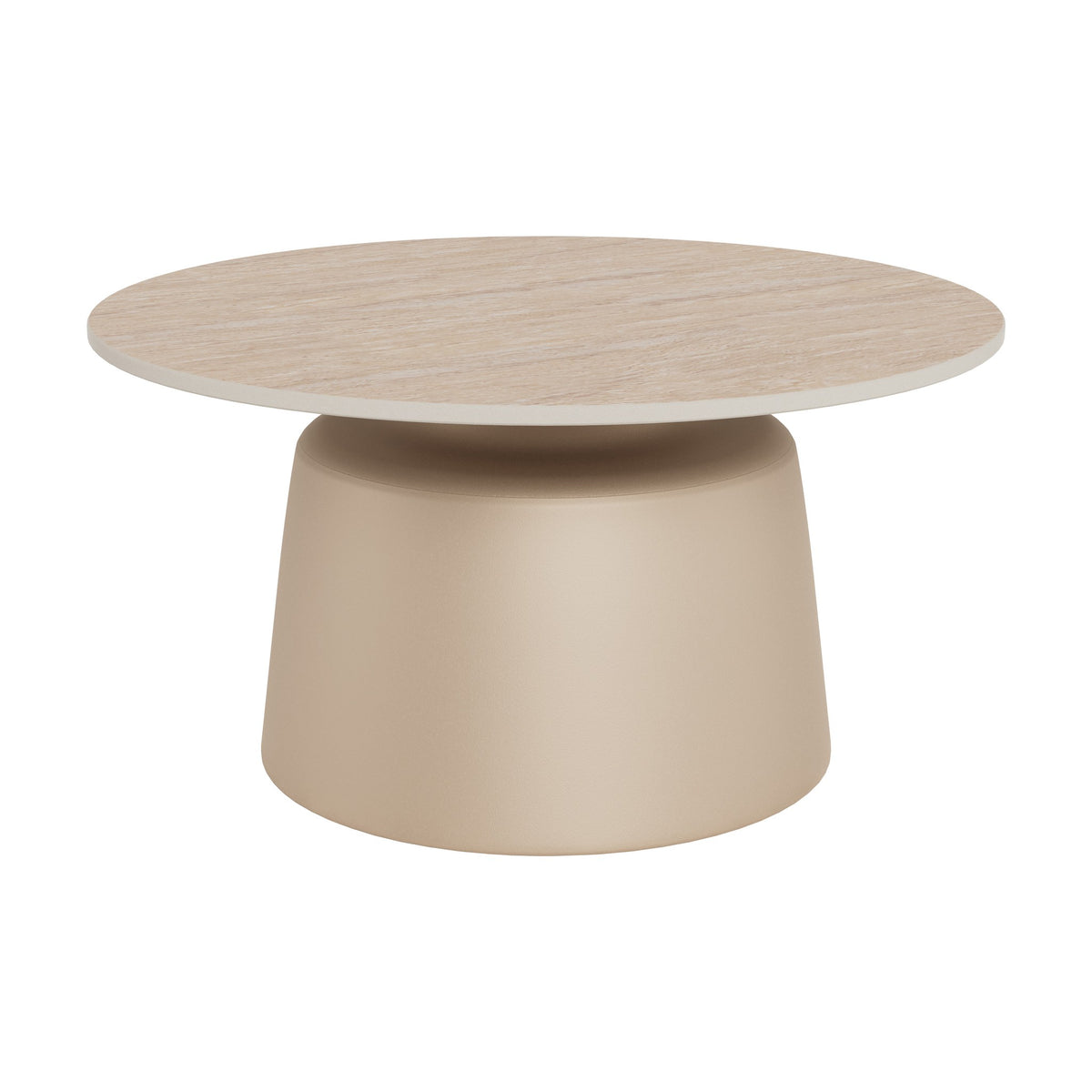 Santorini sofabord med rund travertinplate i beige og konisk sort fot