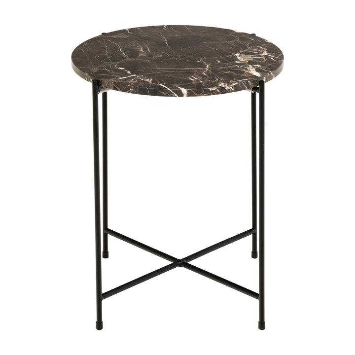 Avila sidebord med brun marmorplate og tynne sorte metallben, mot hvit bakgrunn.