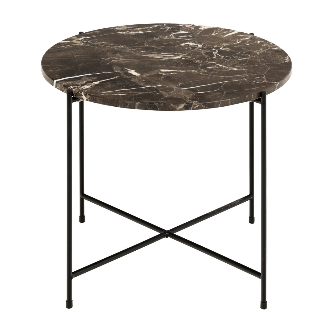 Avila sidebord med brun marmorplate og tynne sorte metallben, mot hvit bakgrunn.