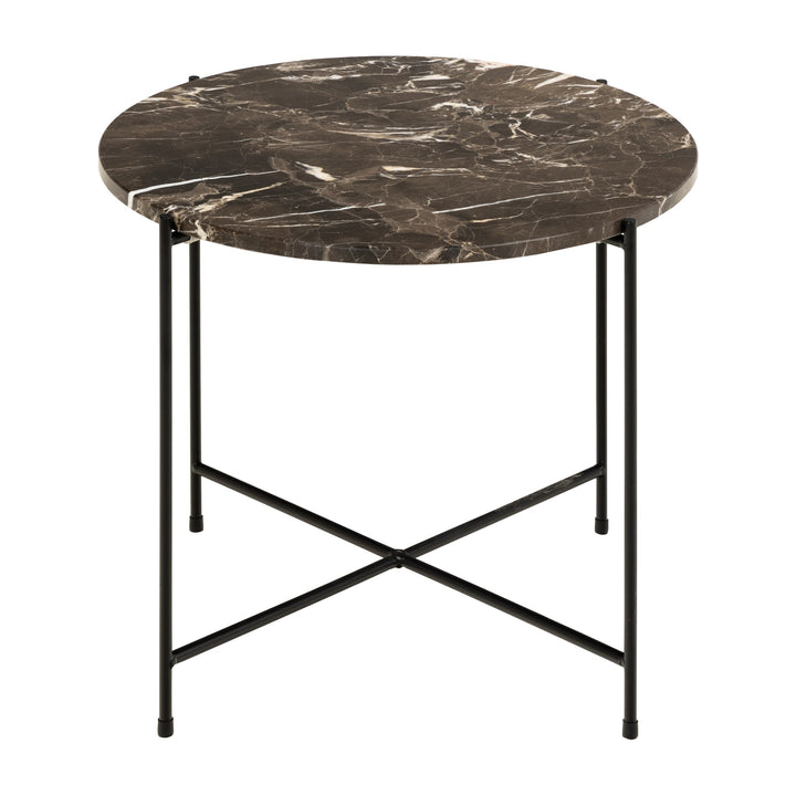 Avila sidebord med brun marmorplate og tynne sorte metallben, mot hvit bakgrunn.