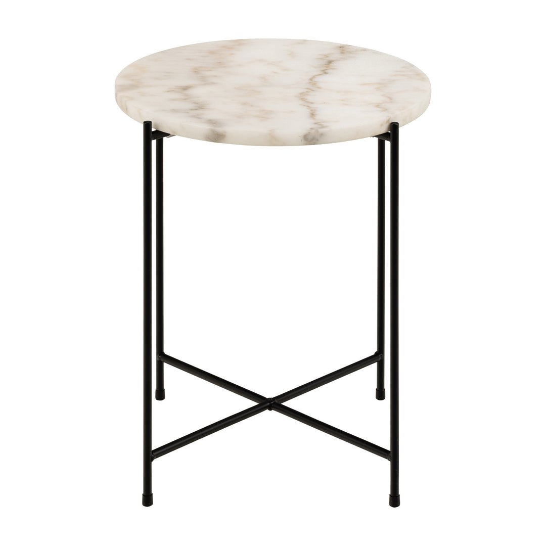 Avila sidebord med hvit marmorplate og tynne sorte metallben, mot hvit bakgrunn.