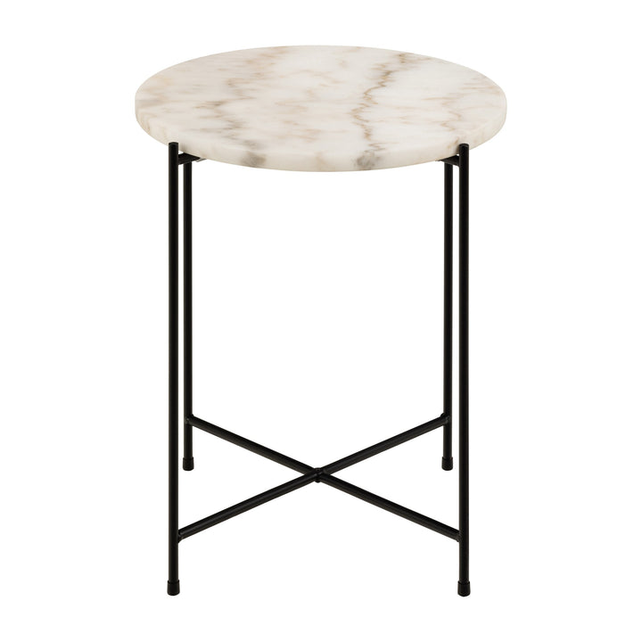 Avila sidebord med hvit marmorplate og tynne sorte metallben, mot hvit bakgrunn.