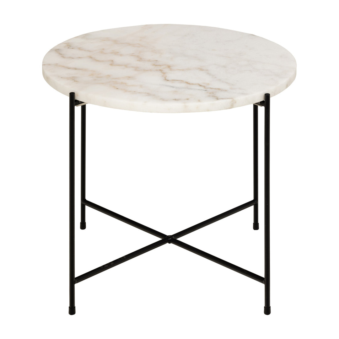 Avila sidebord med hvit marmorplate og tynne sorte metallben, mot hvit bakgrunn.