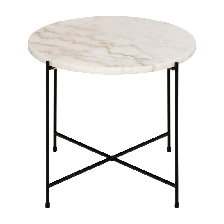 Avila sidebord med hvit marmorplate og tynne sorte metallben, mot hvit bakgrunn.