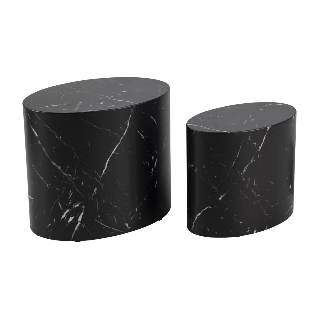 Mice sidebord i sort marmorlook, sett med to ovale bord mot hvit bakgrunn