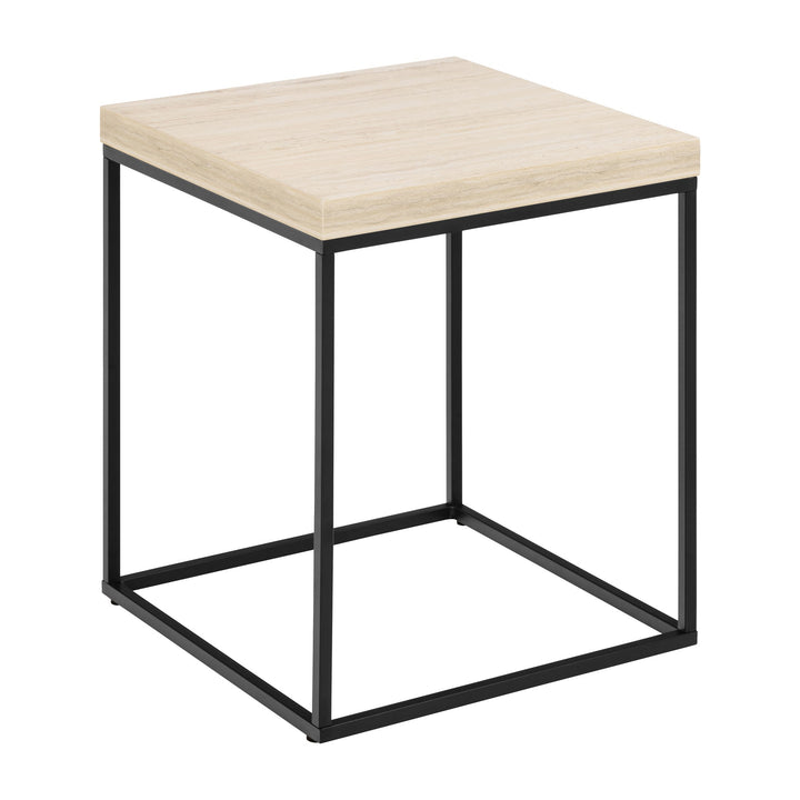 Barossa sidebord med lys travertinplate og sort metallramme