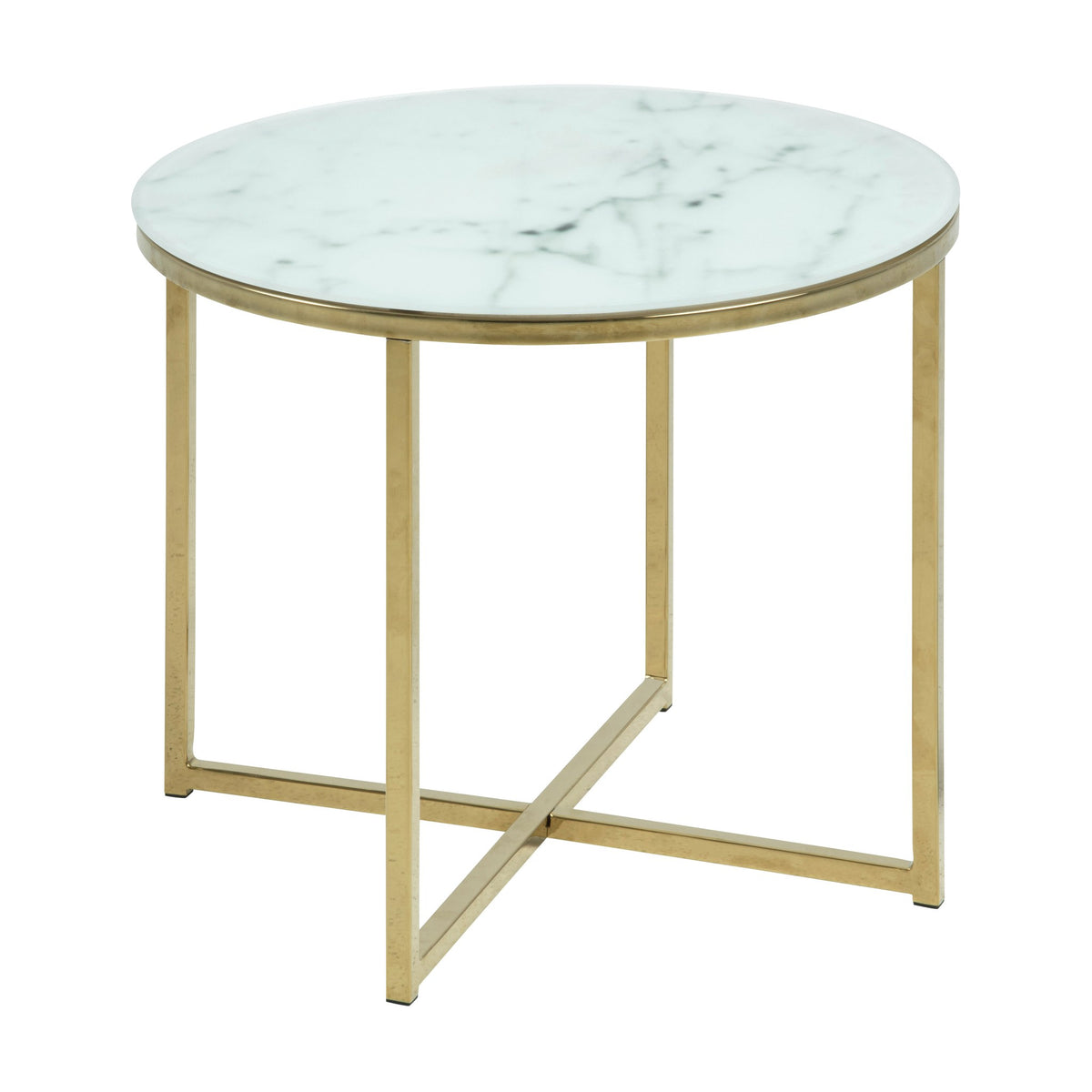 Alisma sidebord med rund marmorplate og gullfarget kryssunderstell