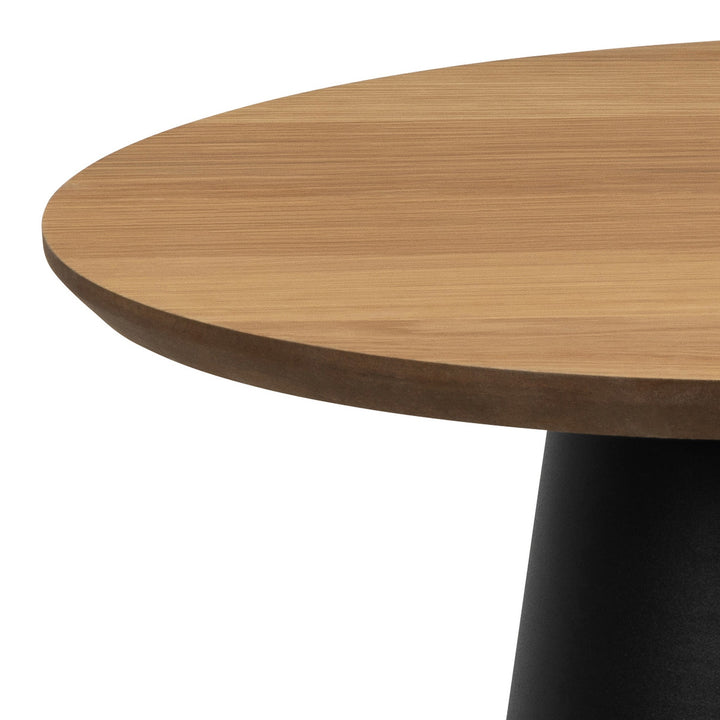 Soli sidebord, nærbilde av rund eikeplate og sort konisk fot
