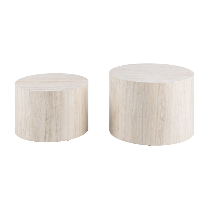 Dice sidebord, sett med to runde bord i beige travertinlook, ulik høyde