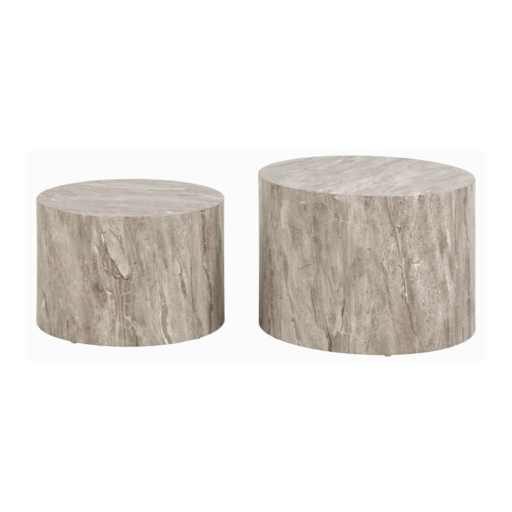 Dice sidebord, sett med to runde bord i gråbeige marmorlook, ulik høyde