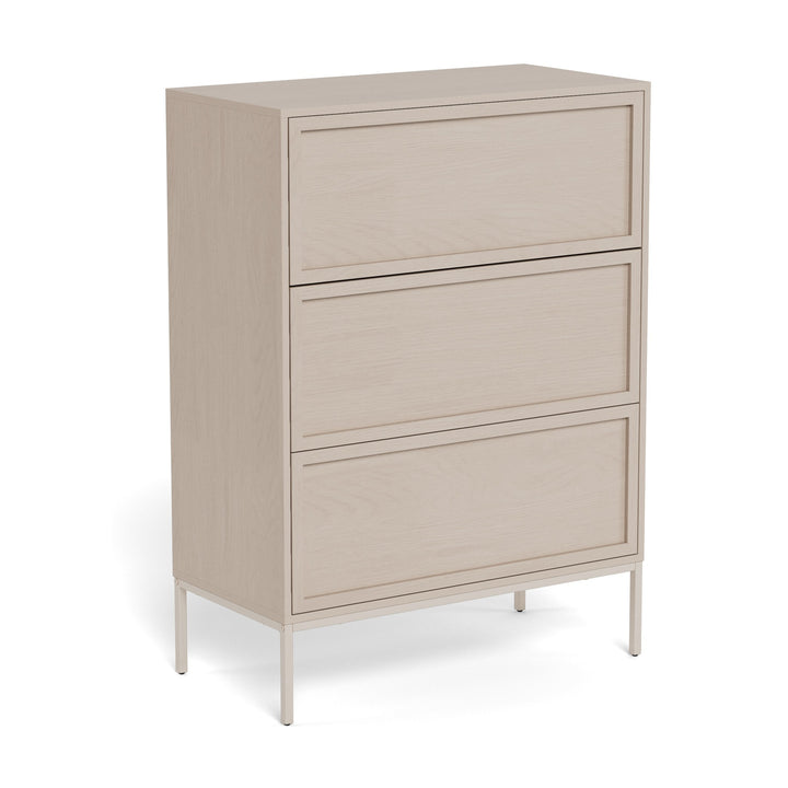 Palma kommode i lys greige med tre skuffer og beige metallunderstell