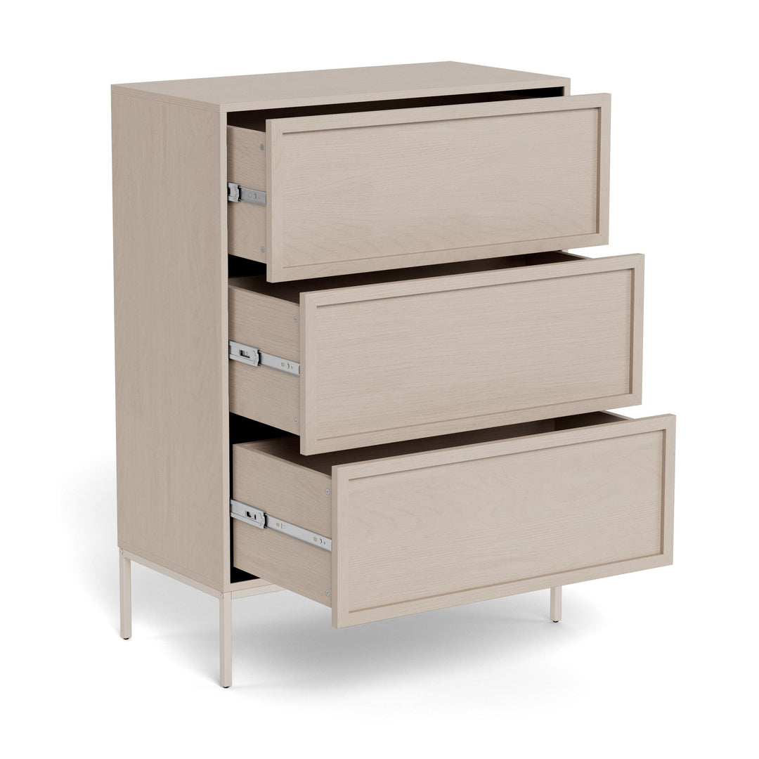 Palma kommode i lys greige med tre åpne skuffer og beige metallunderstell