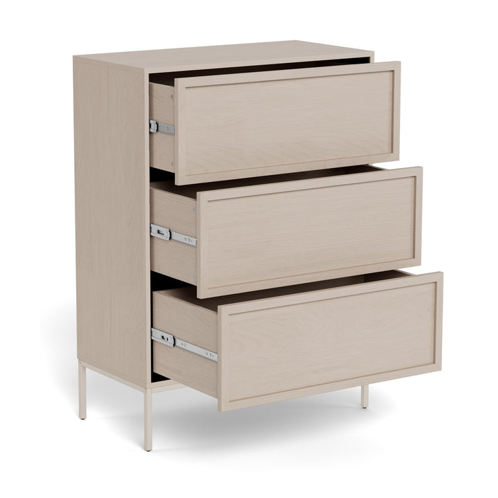 Palma kommode i lys greige med tre åpne skuffer og beige metallunderstell
