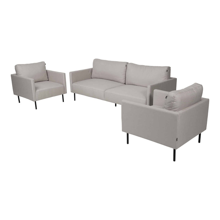 Hartman Evita utesofa med lys gråbeige trekk og sorte metallben, med to lenestoler