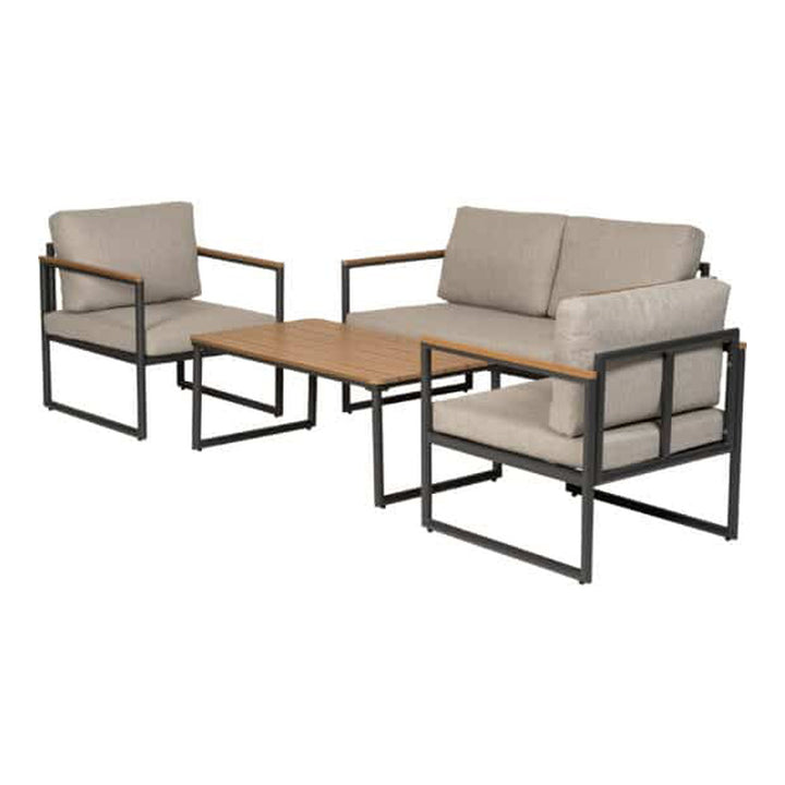 Caines sofagruppe med to stoler, toseter og sofabord i sort aluminium og beige puter