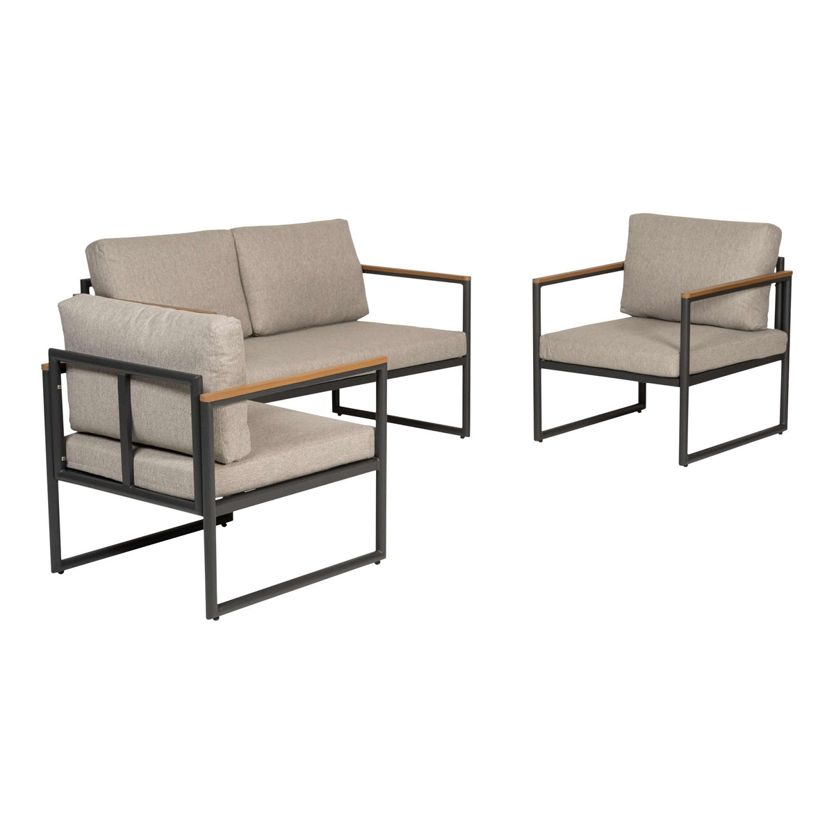 Caines sofagruppe i sort aluminium med beige puter, to stoler, toseter og sofabord