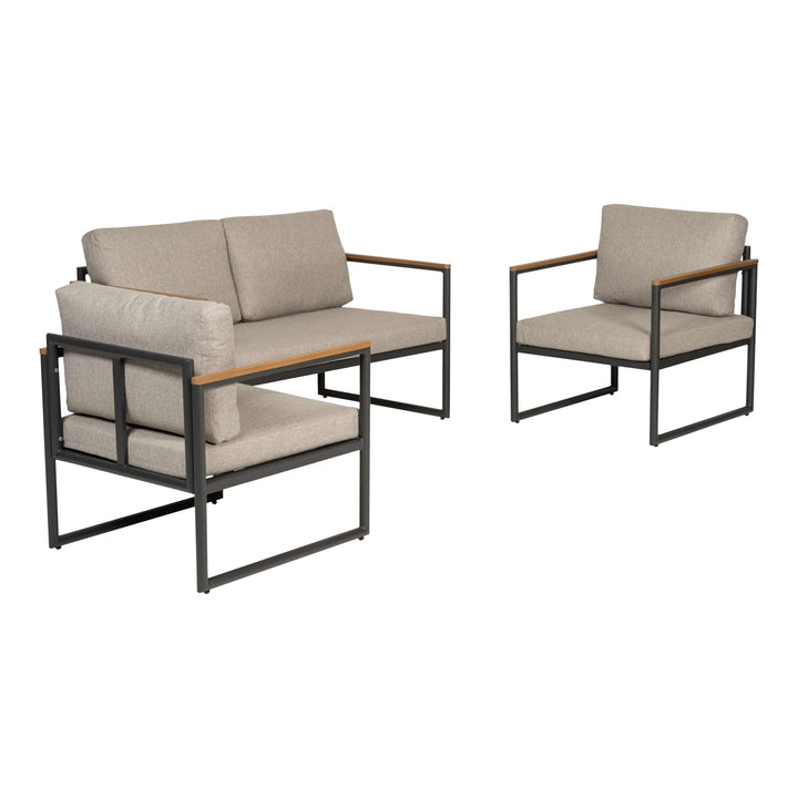 Caines sofagruppe i sort aluminium med beige puter, to stoler, toseter og sofabord