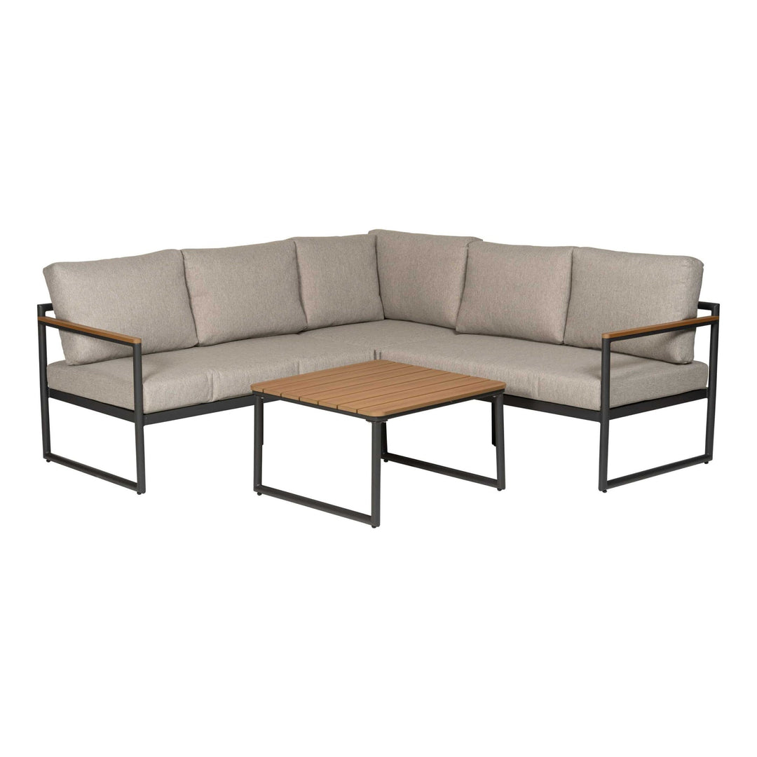 Caines sofabord med hjørnesofa, beige puter og sort ramme med teak-armlener på hvit bakgrunn
