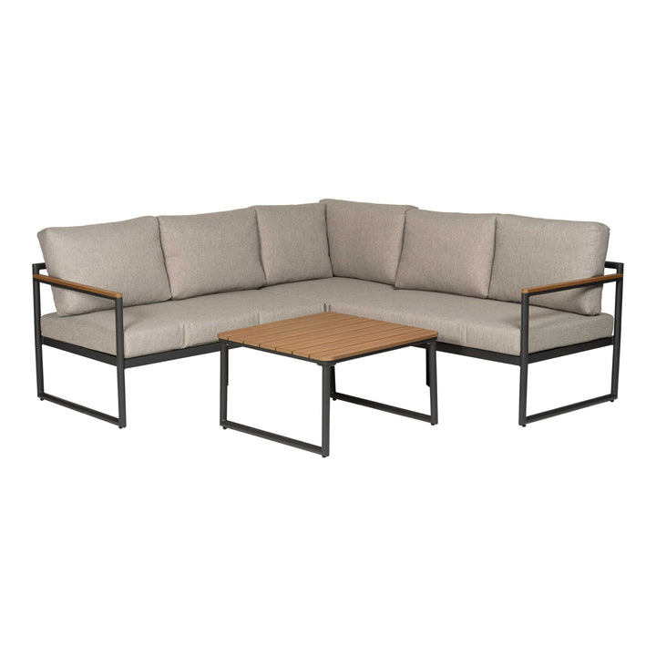 Caines sofabord med hjørnesofa, beige puter og sort ramme med teak-armlener på hvit bakgrunn