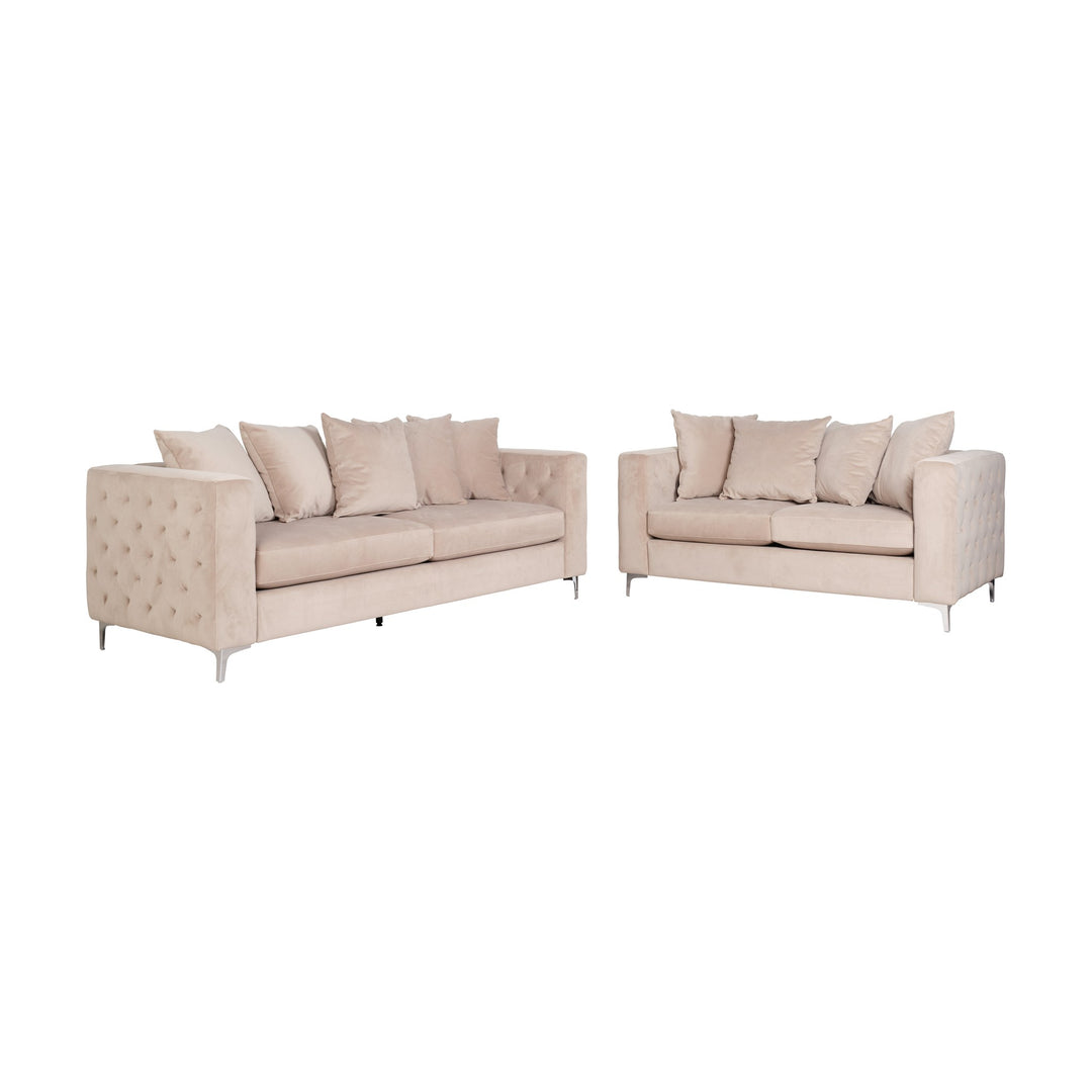 Boston sofagruppe i beige velur med knappede armlener og krombein