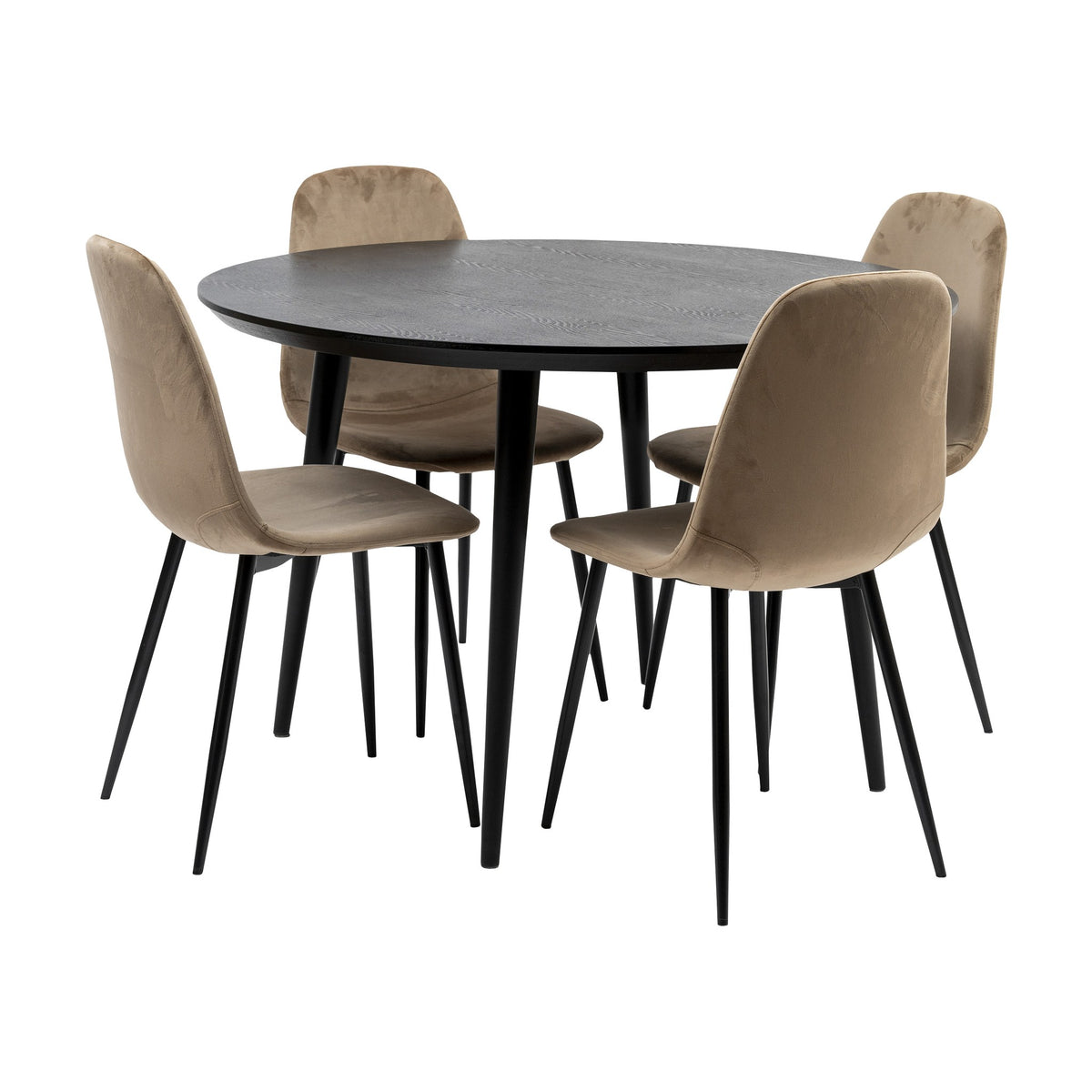 Trend spisegruppe med mørkt bord og beige velurstoler med sorte ben