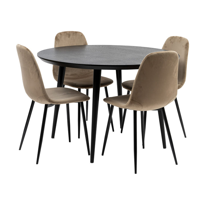 Trend spisegruppe med mørkt bord og beige velurstoler med sorte ben