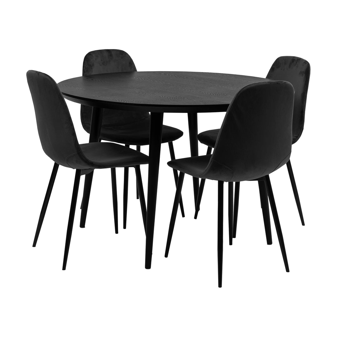 Trend spisegruppe med mørkt bord og sorte velurstoler med sorte ben