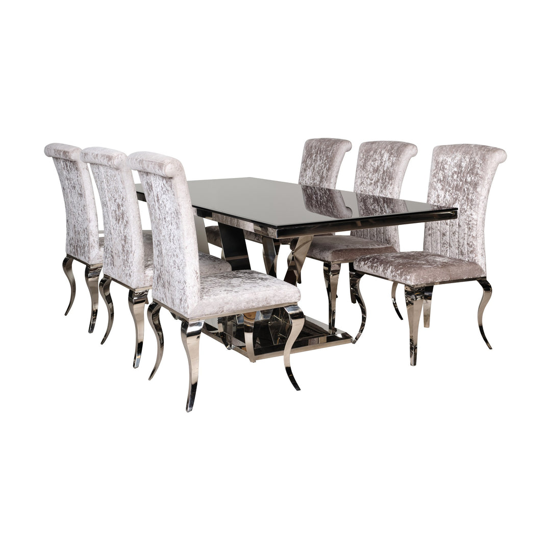 Messina spisegruppe med sort glassbord og sorte velurstoler