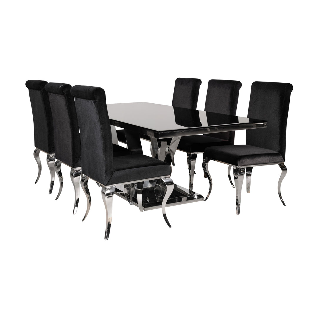 Messina spisegruppe med sort glassbord og sorte velurstoler