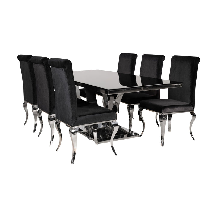 Messina spisegruppe med sort glassbord og sorte velurstoler