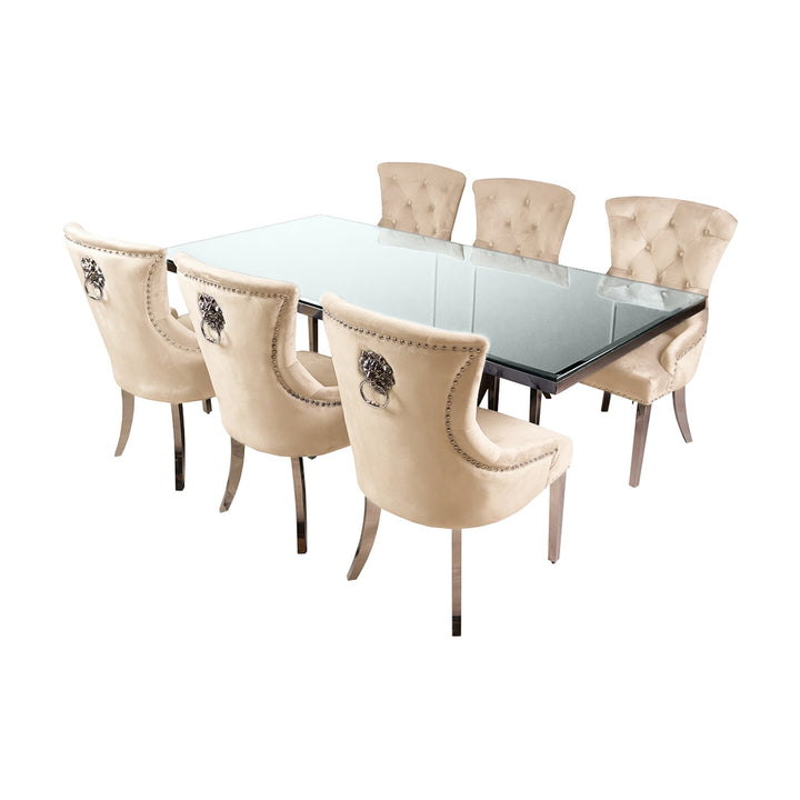 Messina spisegruppe med sort glassbord og beige velurstoler