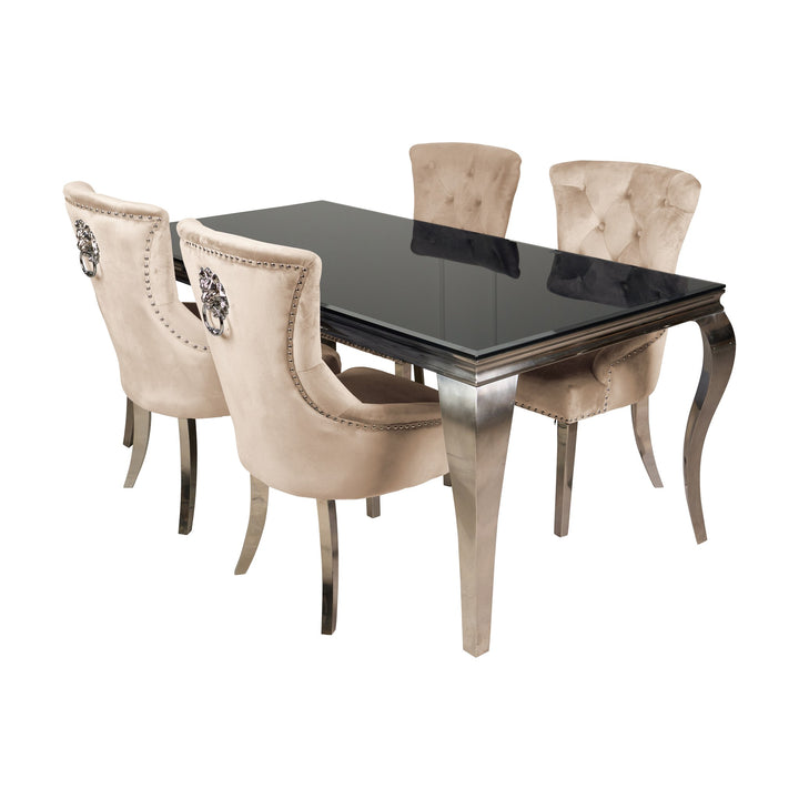 Lavezzi spisegruppe med sort glassbord og beige velurstoler