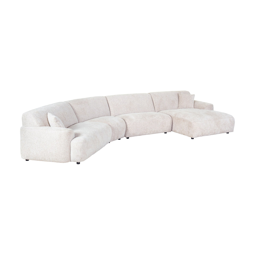 Maldini modulsofa i lys beige stoff, stor hjørnesofa med sjeselong, sett skrått forfra