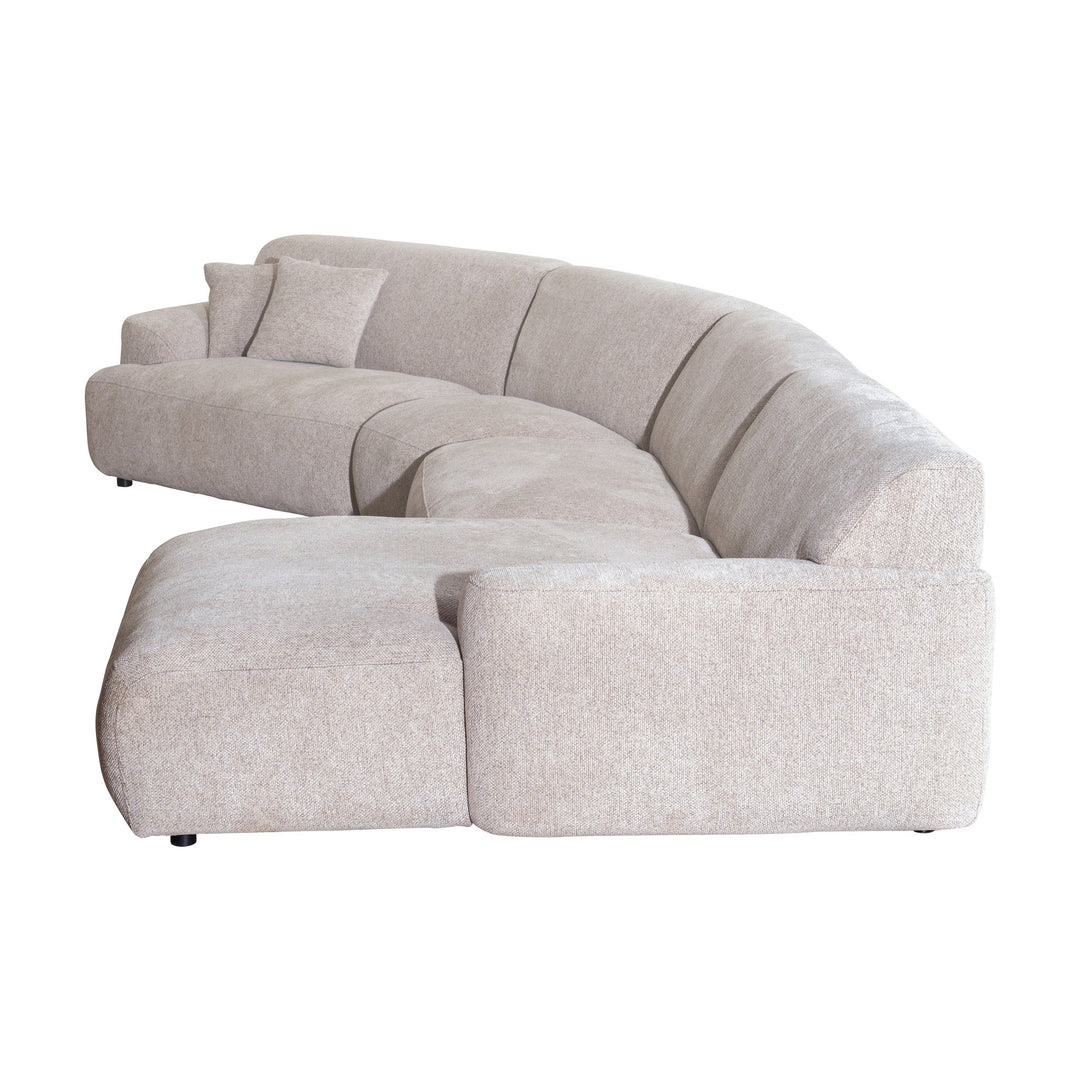 Maldini modulsofa i lys beige stoff, hjørnesofa med sjeselong, sett fra siden