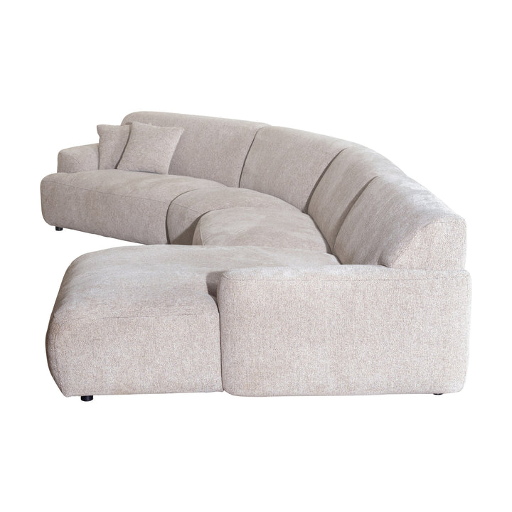 Maldini modulsofa i lys beige stoff, hjørnesofa med sjeselong, sett fra siden
