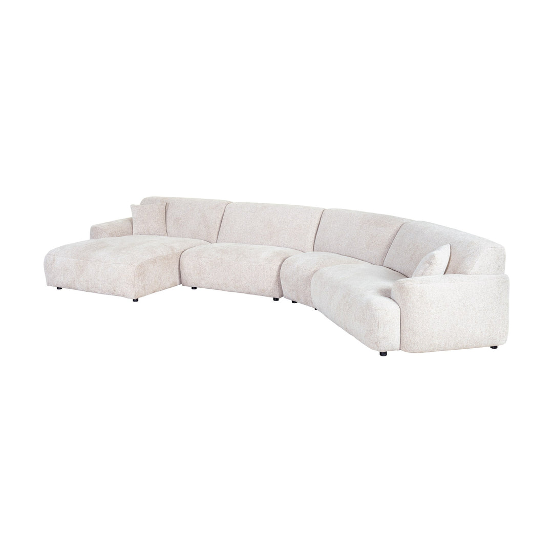 Maldini modulsofa i lys beige stoff, stor hjørnesofa med sjeselong, sett skrått forfra
