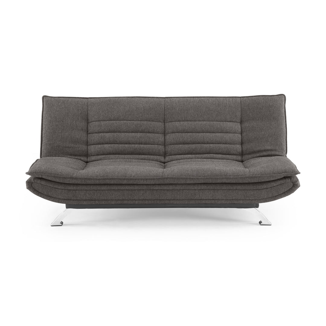 Friday sovesofa i mørk grå, tuftet rygg og sete med blanke metallben, sett forfra