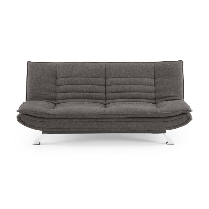 Friday sovesofa i mørk grå, tuftet rygg og sete med blanke metallben, sett forfra