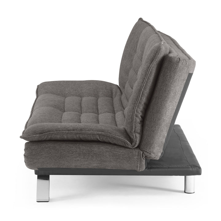 Friday sovesofa i mørk grå, sett fra siden med tuftet sete