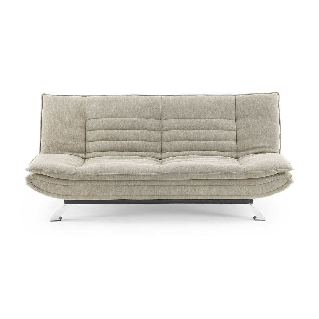 Friday sovesofa i beige, tuftet rygg og sete med blanke metallben, sett forfra